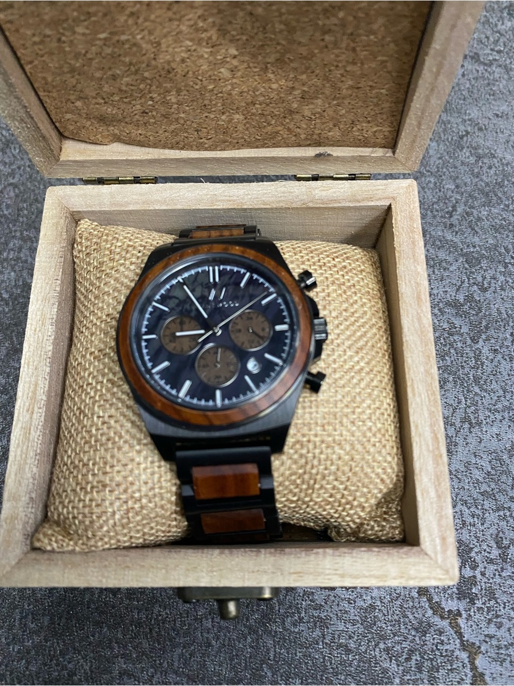 Men's Wooden Accent Black Chronograph Watch - Brown/Black